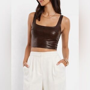 Express Body Contour Faux Leather Croc-Textured Brown Square Neck Cropped Tank